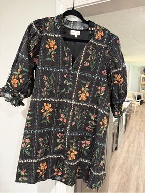 Tiered Floral V-Neck Tunic Dress - Black with Orange & Pink Floral